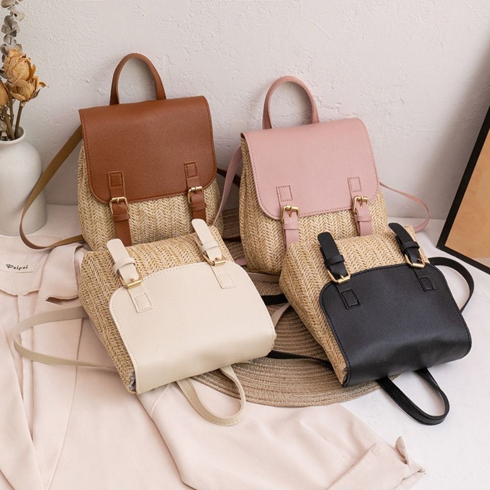 Luxury Bags Vintage - Trend PU Leather Straw Backpack Retro