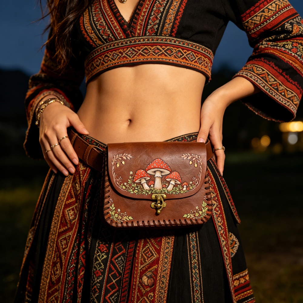 1 Piece Red Mushroom Print PU  - đánh giá và giá Belt Bag Leather Wide